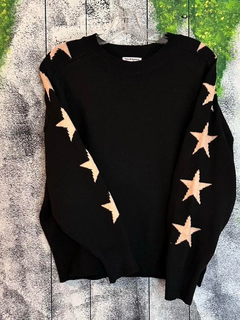 Thea & Spence Black Crewneck Sweater with Cream Star Sleeves